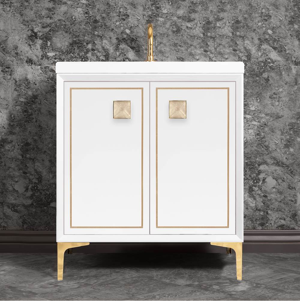 Linkasink LINEA with 3'' Artisan Glass Prism Hardware 30'' Wide Vanity, White, Polished Brass Hardware, 30'' x 22'' x 33.5'' (without vanity top)