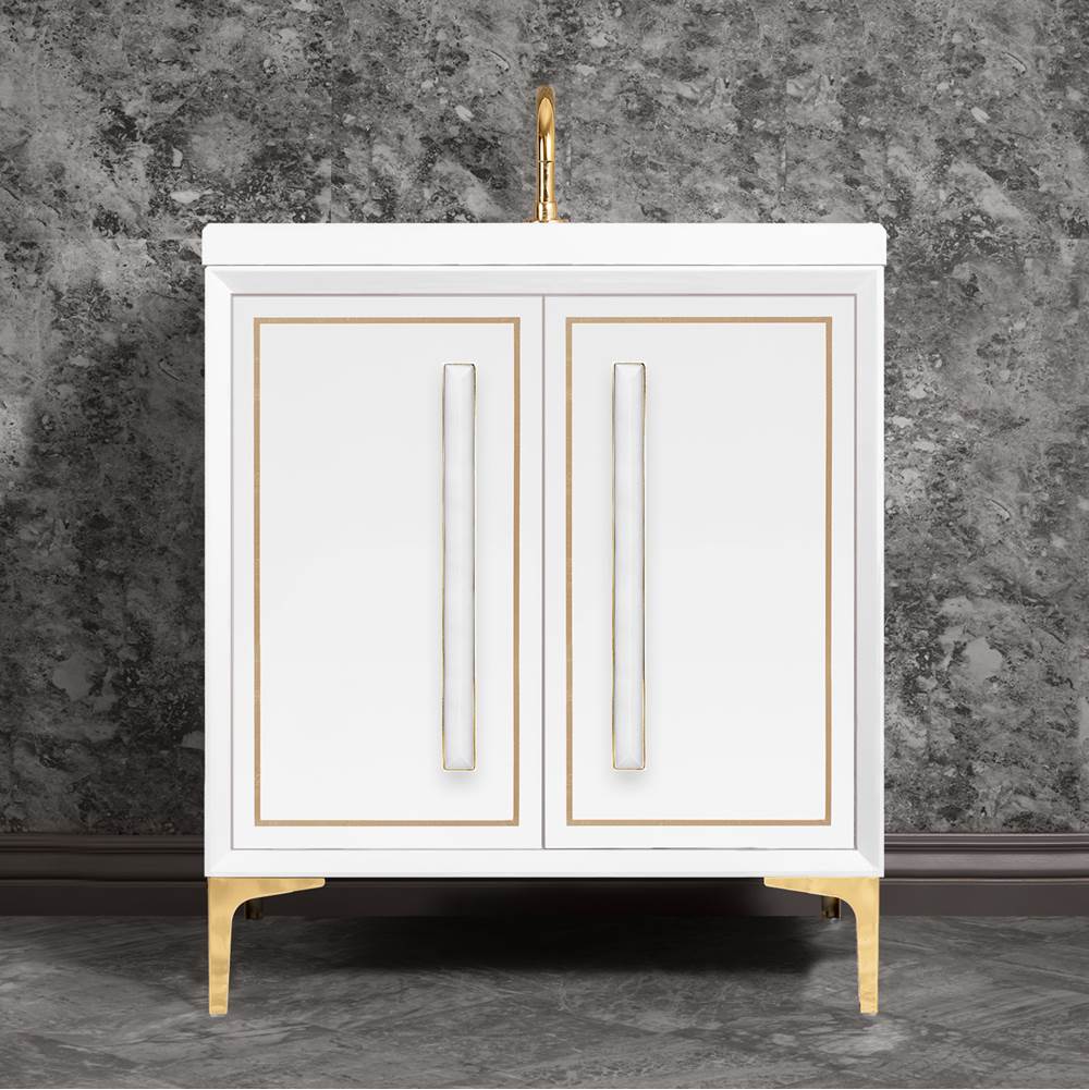 Linkasink LINEA with 18'' Artisan Glass Prism Hardware 30'' Wide Vanity, White, Polished Brass Hardware, 30'' x 22'' x 33.5'' (without vanity top)