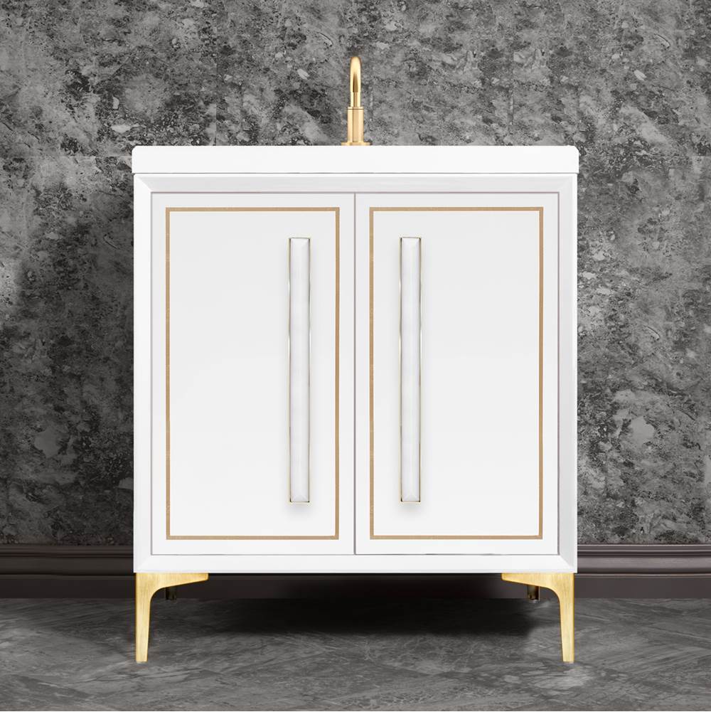 Linkasink LINEA with 18'' Artisan Glass Prism Hardware 30'' Wide Vanity, White, Satin Brass Hardware, 30'' x 22'' x 33.5'' (without vanity top)
