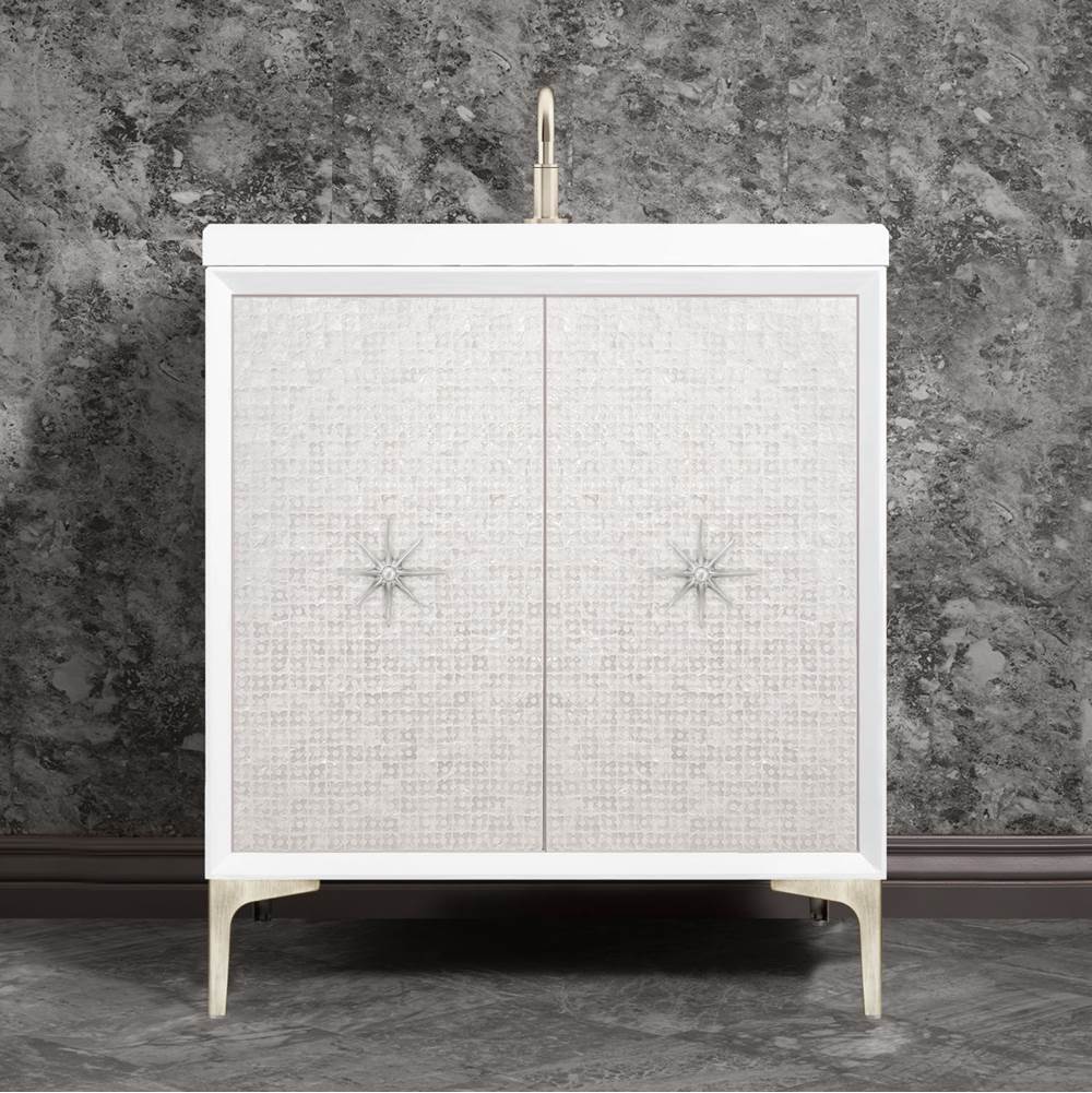 Linkasink Mother of Pearl with 3'' Satin Nickel Star Hardware, 30'' Wide Vanity, White, 30'' x 22'' x 33.5'' (without vanity top)