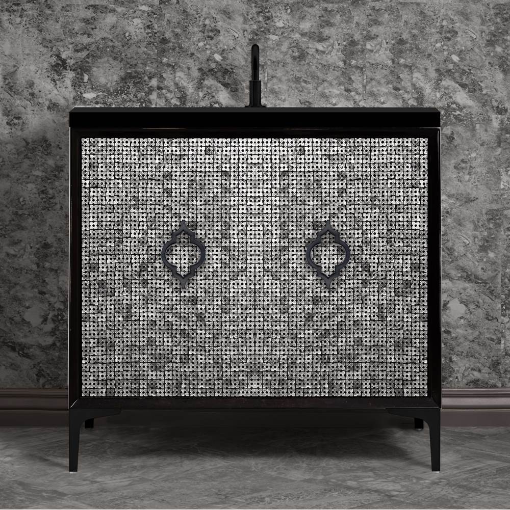 Linkasink Mother of Pearl 36'' Wide Black Vanity with Satin Black Arabesque Pull and Hardware, 36'' x 22'' x 33.5'' (without vanity top)