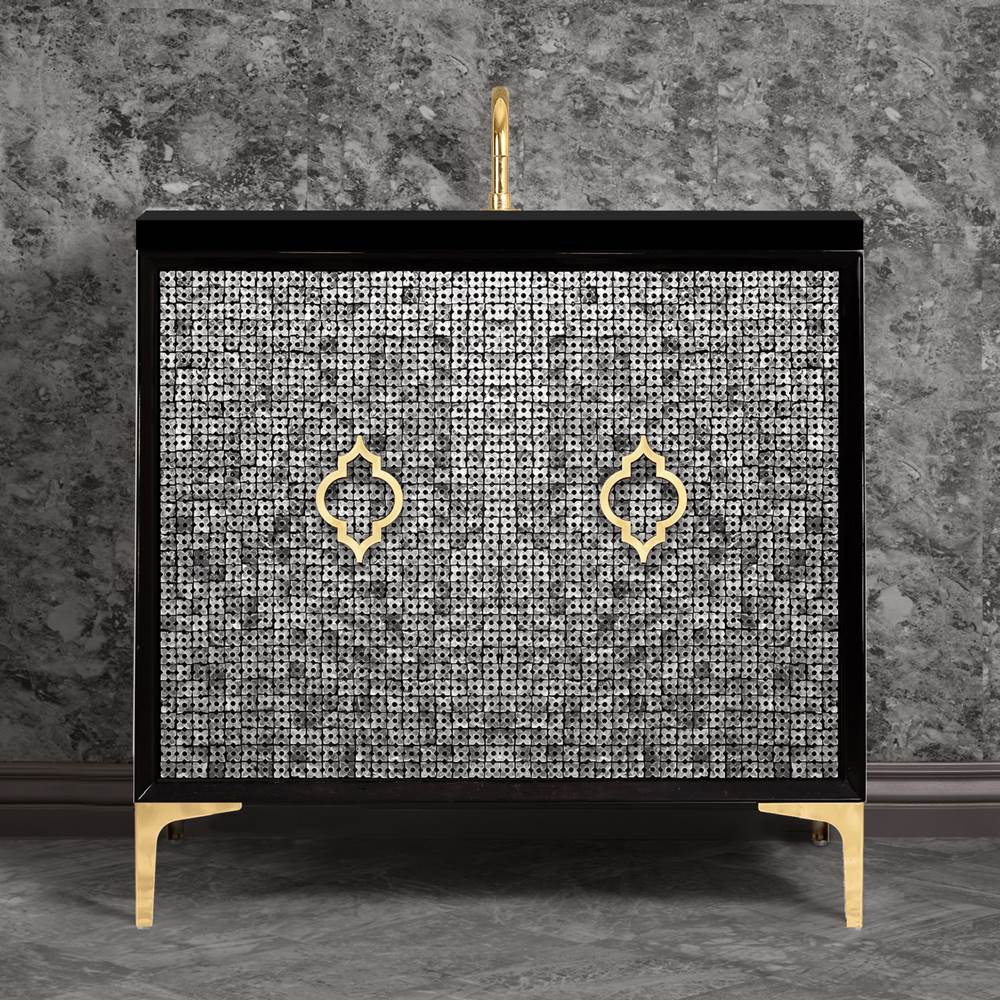 Linkasink Mother of Pearl 36'' Wide Black Vanity with Polished Brass Arabesque Pull and Hardware, 36'' x 22'' x 33.5'' (without vanity top)