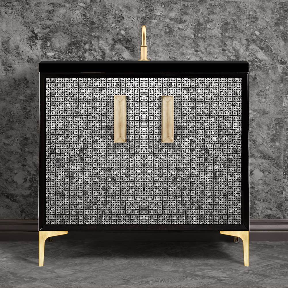 Linkasink MOTHER OF PEARL with 8'' Artisan Glass Prism Hardware 36'' Wide Vanity, Black, Satin Brass Hardware, 36'' x 22'' x 33.5'' (without vanity top)