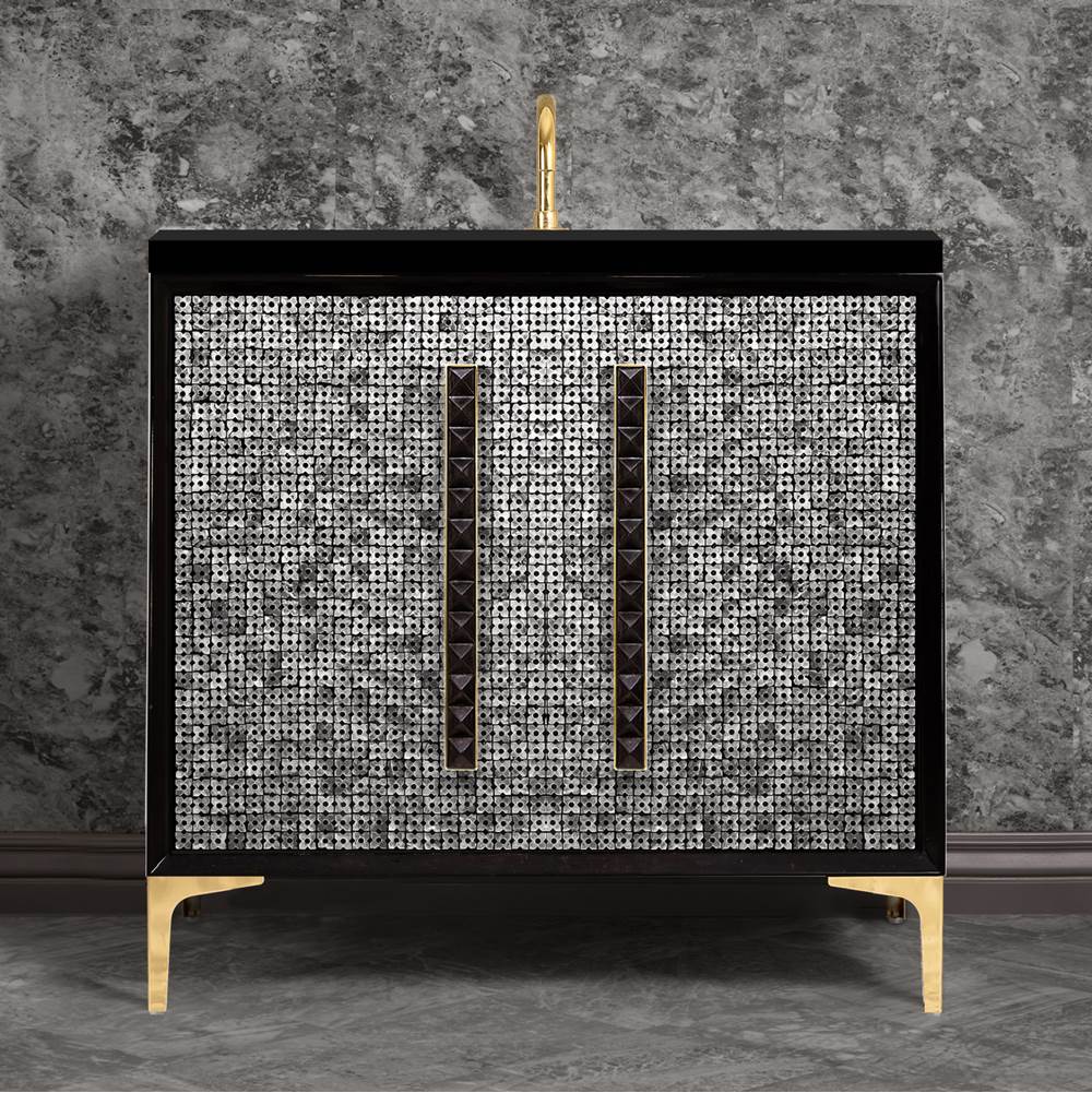 Linkasink MOTHER OF PEARL with 18'' Artisan Glass Pyramid Hardware 36'' Wide Vanity, Black, Polished Brass Hardware, 36'' x 22'' x 33.5'' (without vanity top)