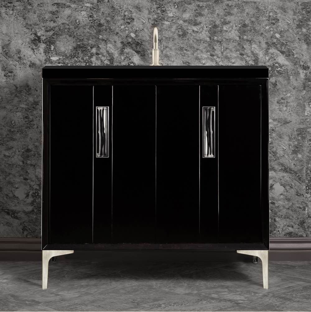 Linkasink Tuxedo with 8'' Black Tiger Artisan Glass Prism, 36'' Wide Vanity, Black, Satin Brass Hardware with White Glass, 36'' x 22'' x 33.5'' (without vanity top)