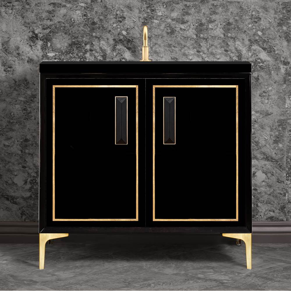 Linkasink LINEA with 8'' Artisan Glass Prism Hardware 36'' Wide Vanity, Black, Satin Brass Hardware, 36'' x 22'' x 33.5'' (without vanity top)