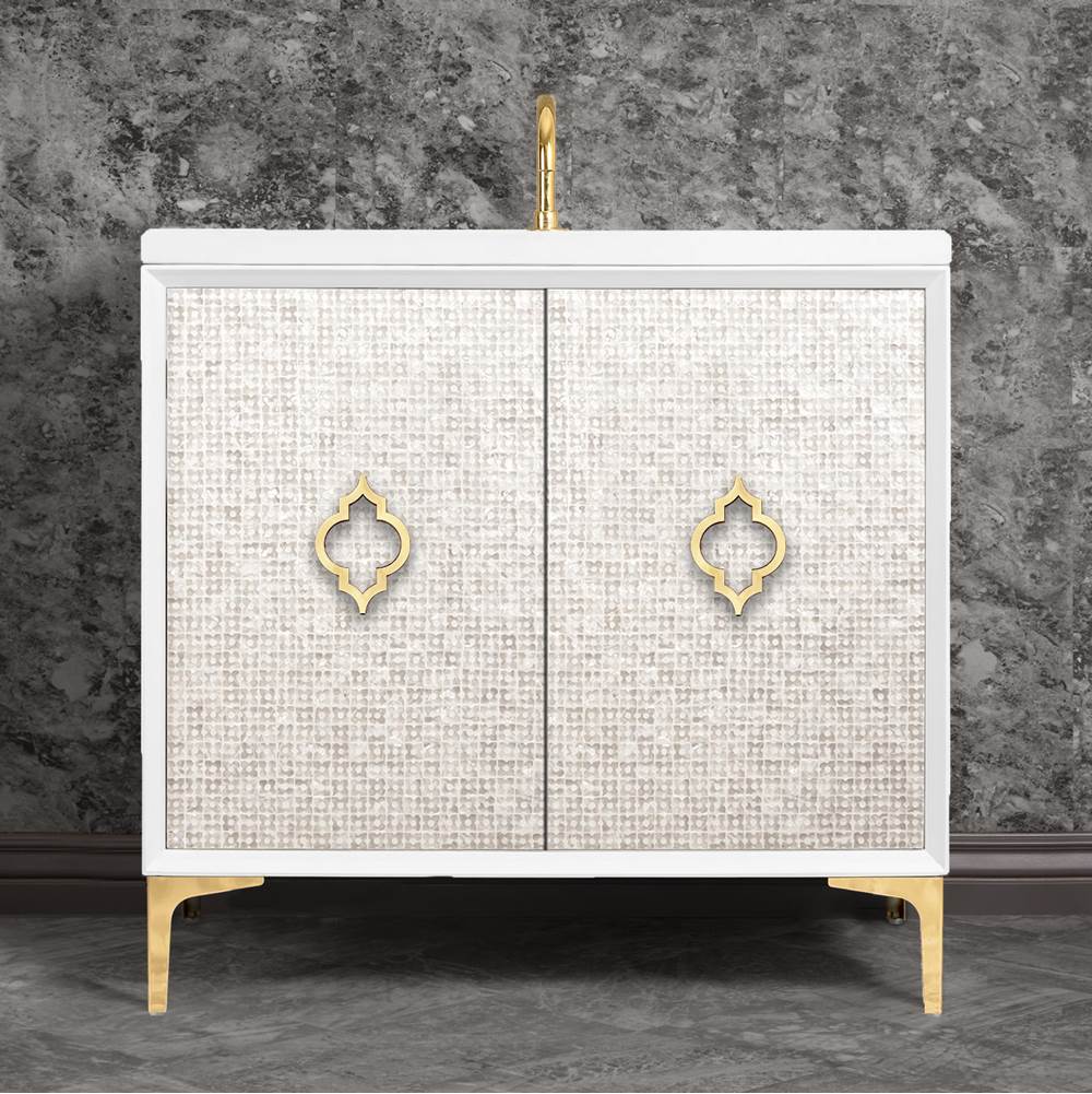 Linkasink Mother of Pearl 36'' Wide White Vanity with Polished Brass Arabesque Pull and Hardware