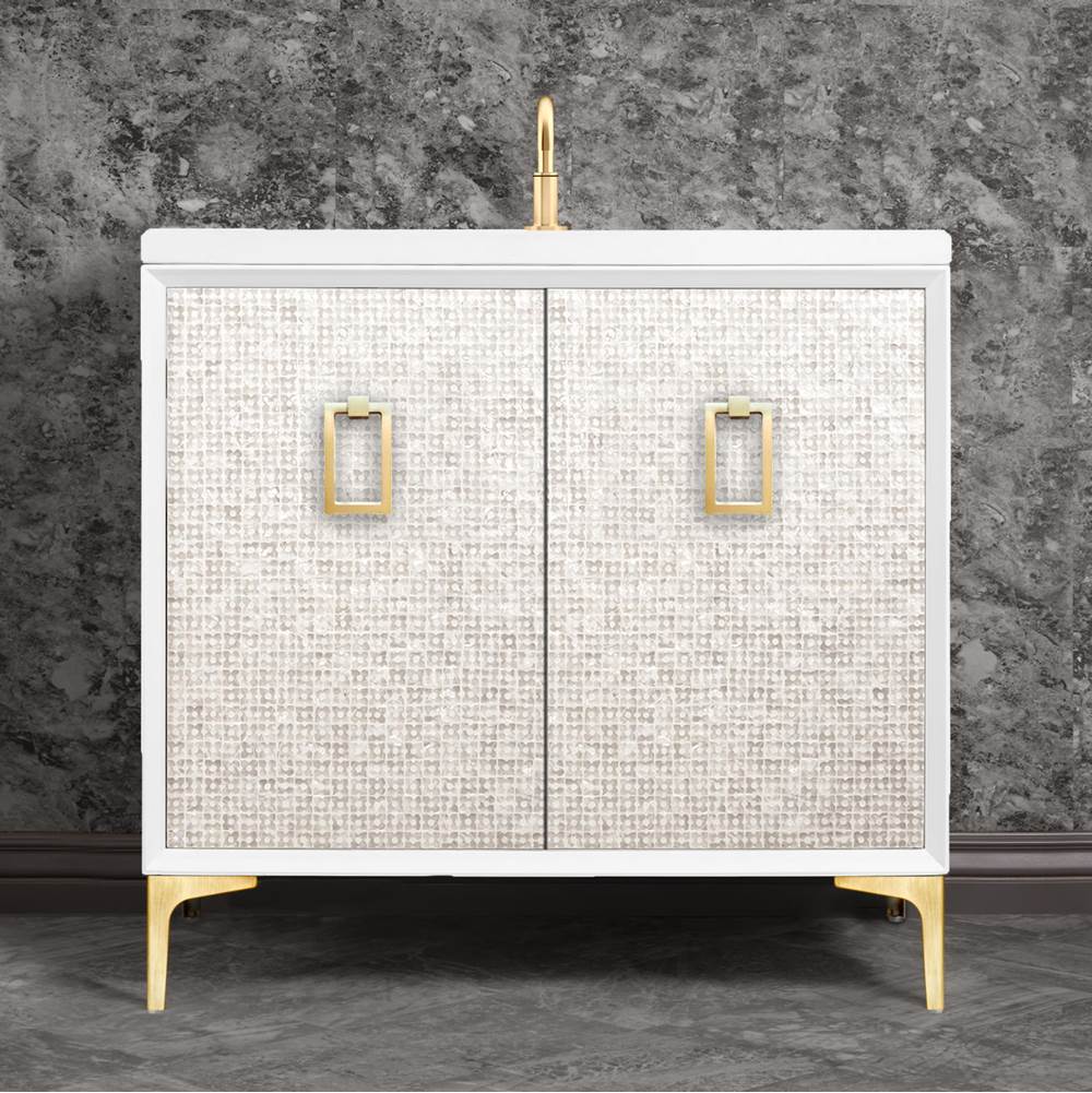 Linkasink Mother of Pearl 36'' Wide White Vanity with Satin Brass Coach Pull and Hardware