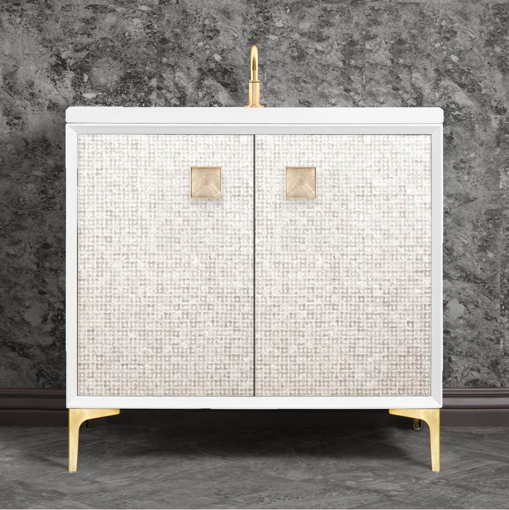 Linkasink MOTHER OF PEARL with 3'' Artisan Glass Prism Hardware 36'' Wide Vanity, White, Satin Brass Hardware, 36'' x 22'' x 33.5'' (without vanity top)
