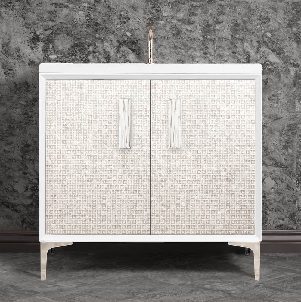 Linkasink MOTHER OF PEARL with 8'' Artisan Glass Prism Hardware 36'' Wide Vanity, White, Polished Nickel Hardware, 36'' x 22'' x 33.5'' (without vanity top)