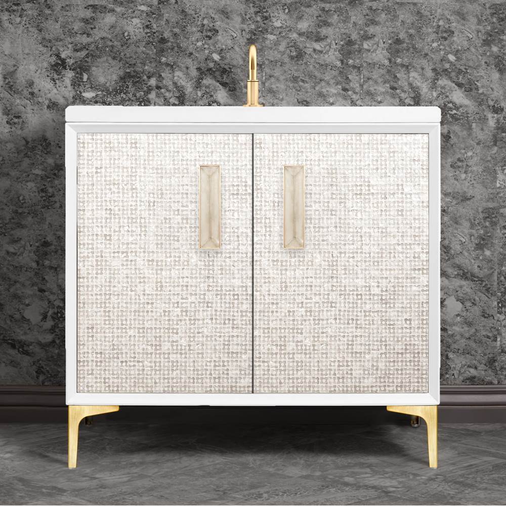 Linkasink MOTHER OF PEARL with 8'' Artisan Glass Prism Hardware 36'' Wide Vanity, White, Satin Brass Hardware, 36'' x 22'' x 33.5'' (without vanity top)